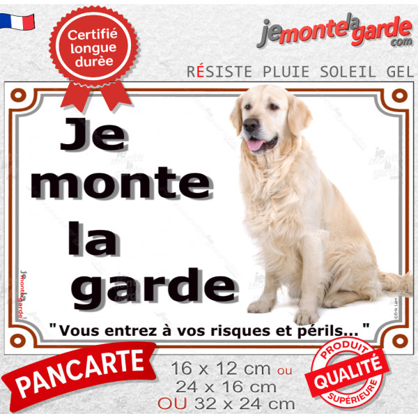 Golden Retriever Assis, Plaque portail extérieure "je monte la garde, entrez à vos risques et périls" résiste pluie soleil gel, Golden Retriever Assis, Plaque portail extérieure "je monte la garde, entrez à vos risques et périls" résiste pluie soleil gel,
