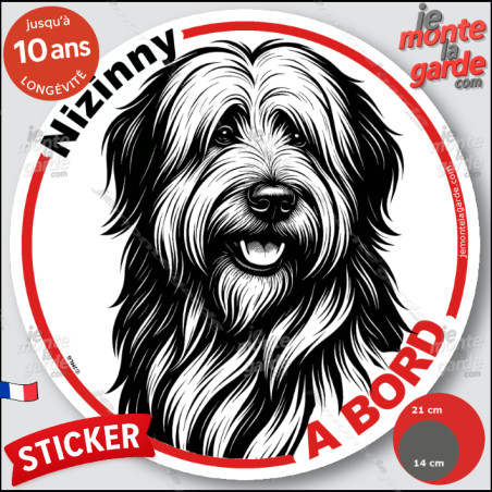 Nizinny, Petit Berger Polonais des Plaines, sticker autocollant rond "Chien à Bord" disque adhésif vitre voiture photo, résiste 