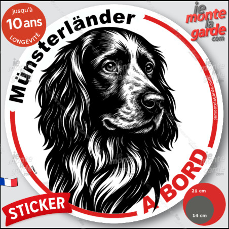 Epagneul Münsterländer, sticker autocollant rond "Chien à Bord" disque adhésif vitre voiture photo, résiste pluie soleil gel, id