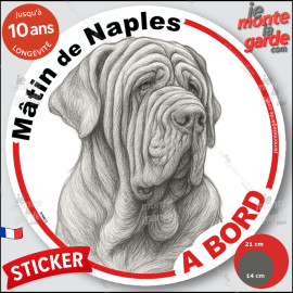 Mâtin de Naples, sticker autocollant rond "Chien à Bord" disque adhésif vitre voiture photo, résiste pluie soleil gel, idée cade