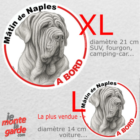 Disque autocollant voiture "Mâtin de Naples à Bord" dessin en noir et blanc 2 tailles D