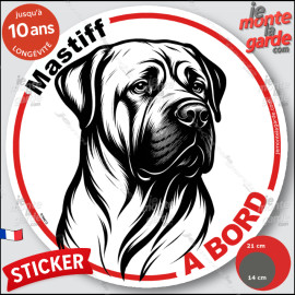 Mastiff, sticker autocollant rond "Chien à Bord" disque adhésif vitre voiture photo, résiste pluie soleil gel, idée cadeau