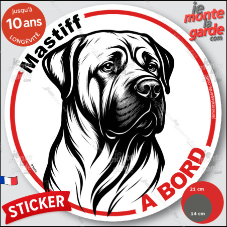 Mastiff, sticker autocollant rond "Chien à Bord" disque adhésif vitre voiture photo, résiste pluie soleil gel, idée cadeau