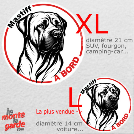 Disque autocollant voiture "Mastiff à Bord" dessin en noir et blanc 2 tailles D