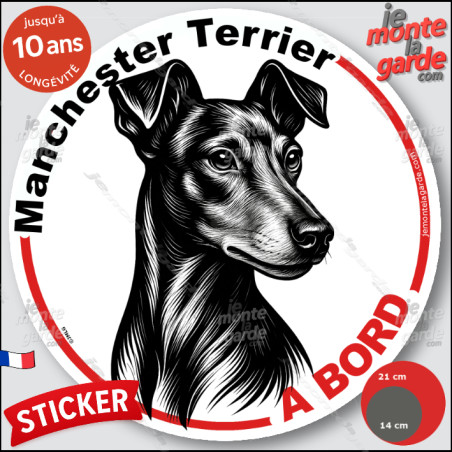 Manchester Terrier, sticker autocollant rond "Chien à Bord" disque adhésif vitre voiture photo, résiste pluie soleil gel, idée c