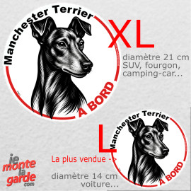 Disque autocollant voiture "Manchester Terrier à Bord" dessin en noir et blanc 2 tailles D