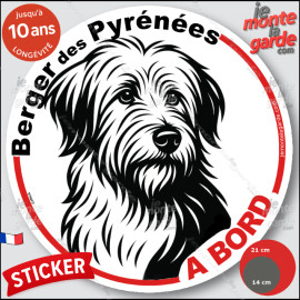 Labrit, Berger des Pyrénées, sticker autocollant rond "Chien à Bord" dessin en noir et blanc, disque adhésif vitre voiture photo