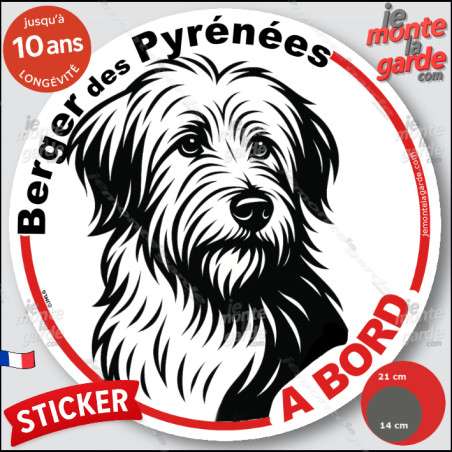 Labrit, Berger des Pyrénées, sticker autocollant rond "Chien à Bord" dessin en noir et blanc, disque adhésif vitre voiture photo