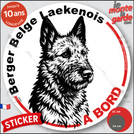 Berger Belge Laekenois, sticker autocollant rond "Chien à Bord" disque adhésif vitre voiture photo, résiste pluie soleil gel, id