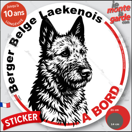 Berger Belge Laekenois, sticker autocollant rond "Chien à Bord" disque adhésif vitre voiture photo, résiste pluie soleil gel, id