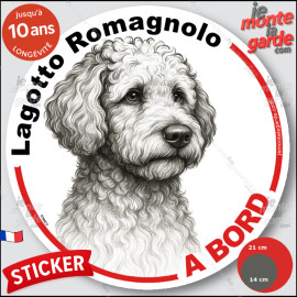Lagotto Romagnolo, sticker autocollant rond "Chien à Bord" disque adhésif vitre voiture photo, résiste pluie soleil gel, idée ca