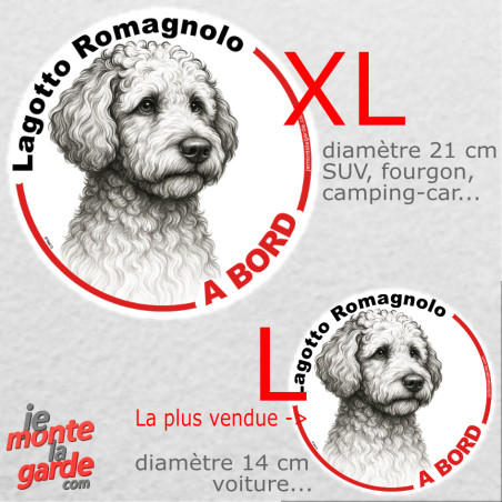 Disque autocollant voiture "Lagotto Romagnolo à Bord" dessin en noir et blanc 2 tailles D