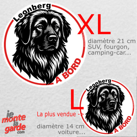 Disque autocollant voiture "Leonberg à Bord" dessin en noir et blanc, résiste pluie soleil gel, idée cadeau, 2 tailles D