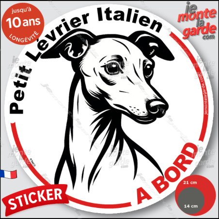 Petit Lévrier Italien, sticker autocollant rond "Chien à Bord" disque adhésif vitre voiture photo, résiste pluie soleil gel, idé