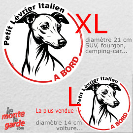 Disque autocollant voiture "Petit Lévrier Italien à Bord" dessin en noir et blanc 2 tailles D