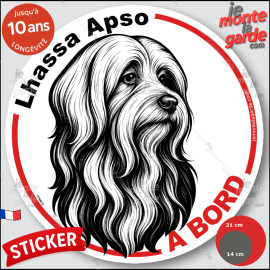 Lhassa Apso, sticker autocollant rond "Chien à Bord" disque adhésif vitre voiture photo, résiste pluie soleil gel, idée cadeau