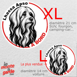 Disque autocollant voiture "Lhassa Apso à Bord" dessin en noir et blanc 2 tailles D