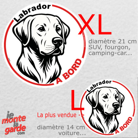 Disque autocollant voiture "Labrador à Bord" dessin en noir et blanc 2 tailles D