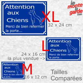 Plaque Portail pluriel Sécurité "Attention aux Chiens, merci de bien refermez la Porte..." Résiste pluie soleil gel, 3 tailles D