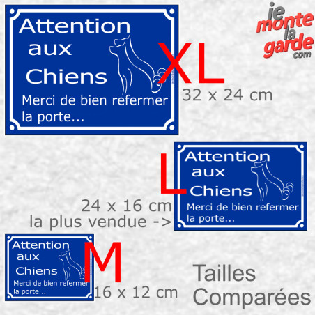 Plaque Portail pluriel Sécurité "Attention aux Chiens, merci de bien refermez la Porte..." Résiste pluie soleil gel, 3 tailles D