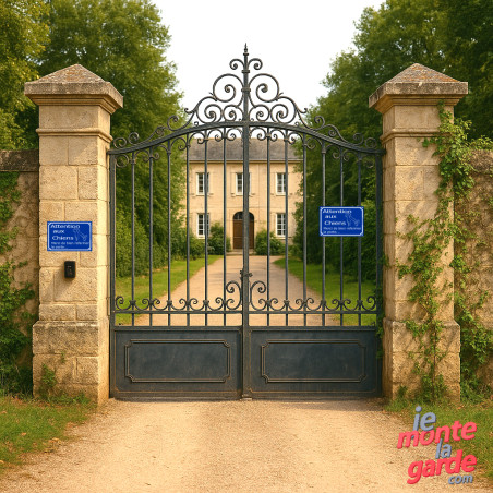 "Attention aux Chiens, merci de bien refermer la porte" Photo de l'installation de la pancarte sur le portail d'entrée d'une mai
