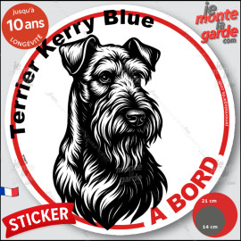 Terrier Kerry Blue, sticker autocollant rond "Chien à Bord" disque adhésif vitre voiture photo, résiste pluie soleil gel, idée c