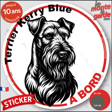 Terrier Kerry Blue, sticker autocollant rond "Chien à Bord" disque adhésif vitre voiture photo, résiste pluie soleil gel, idée c