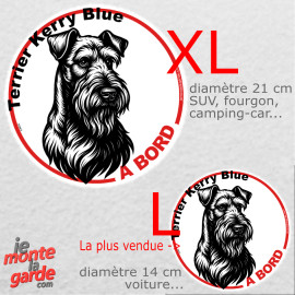 Disque autocollant voiture "Terrier Kerry Blue à Bord" dessin en noir et blanc, résiste pluie soleil gel, 2 tailles D