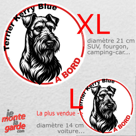 Disque autocollant voiture "Terrier Kerry Blue à Bord" dessin en noir et blanc, résiste pluie soleil gel, 2 tailles D
