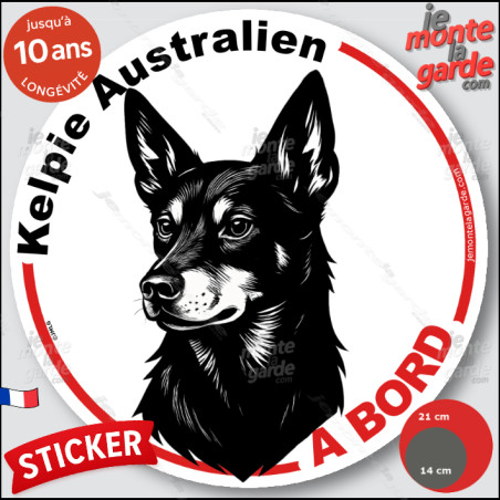 Kelpie Australien, sticker autocollant rond "Chien à Bord" disque adhésif vitre voiture photo, résiste pluie soleil gel, idée ca