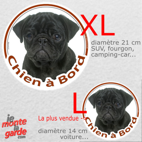Carlin Noir, sticker voiture rond photo "Chien à Bord" 2 Tailles