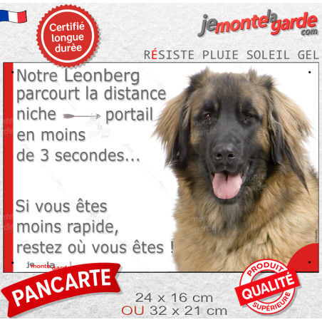 Plaque Portail humour "Notre Leonberg parcourt la distance niche-portail en moins de 3 secondes" photo, résiste pluie soleil gel