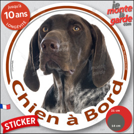 Braque Allemand marron foie, sticker autocollant rond "Chien à Bord" Disque photo adhésif vitre voiture, chien auto, résiste plu