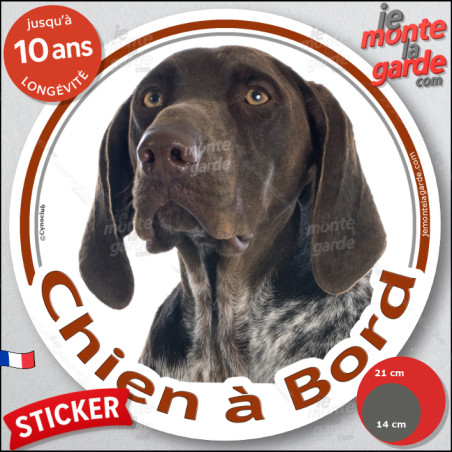 Braque Allemand marron foie, sticker autocollant rond "Chien à Bord" Disque photo adhésif vitre voiture, chien auto, résiste plu