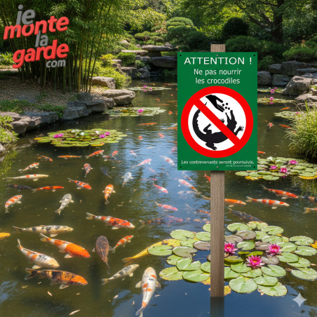 Plaque bassin étang piscine humour "Attention, ne pas nourrir les crocodiles !" Résiste pluie soleil gel, idée cadeau, 3 Tailles