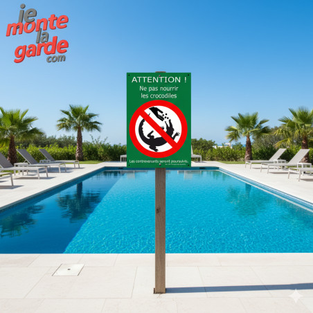 Pancarte Pancarte déco marrante "Attention, ne pas nourrir les crocodiles !" Photo de l'installation de la pancarte au bord au b