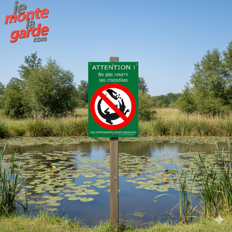 Pancarte déco marrante "Attention, ne pas nourrir les crocodiles !" Photo de l'installation de la pancarte au bord d'un étang