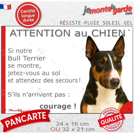 Bull terrier tricolore, plaque portail extérieure humour "Attention au Chien, Jetez Vous au Sol, attendez secours courage" photo