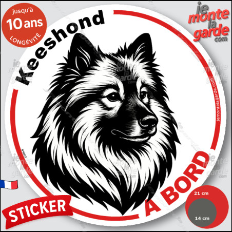 Keeshond, le Spitz-Loup, sticker autocollant rond "Chien à Bord" disque adhésif vitre voiture photo, résiste pluie soleil gel, i