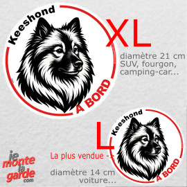 Disque autocollant voiture "Keeshond à Bord" dessin en noir et blanc 2 tailles D