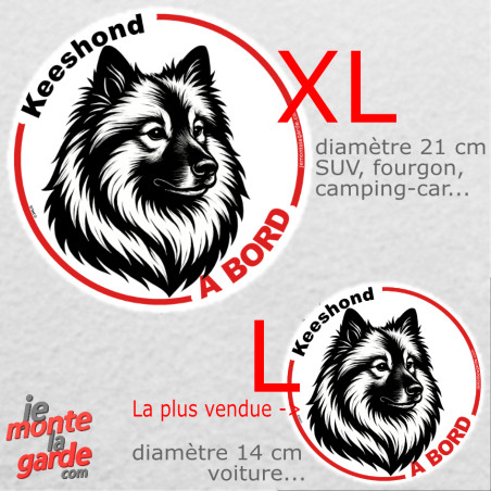 Disque autocollant voiture "Keeshond à Bord" dessin en noir et blanc 2 tailles D