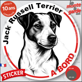 Jack Russell Terrier poil lisse, sticker autocollant rond "Chien à Bord" disque adhésif vitre voiture photo, résiste pluie solei