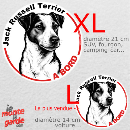 Disque autocollant voiture "Jack Russell Terrier à Bord" dessin en noir et blanc 2 tailles D