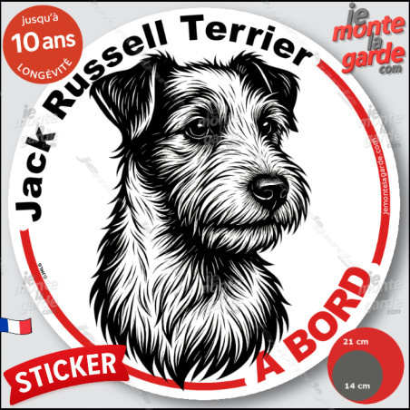 Jack Russell Terrier à poils durs, sticker autocollant rond "Chien à Bord" disque adhésif vitre voiture photo, résiste pluie sol