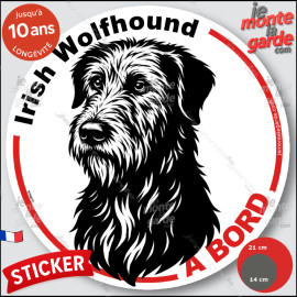 Irish Wollfhound, sticker autocollant rond "Chien à Bord" disque adhésif vitre voiture photo, résiste pluie soleil gel, idée cad