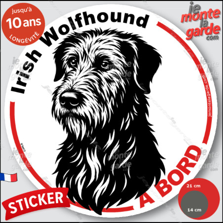 Irish Wollfhound, sticker autocollant rond "Chien à Bord" disque adhésif vitre voiture photo, résiste pluie soleil gel, idée cad