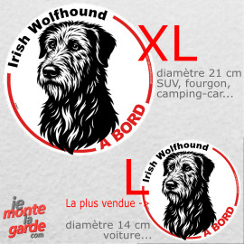 Disque autocollant voiture "Irish Wollfhound à Bord" dessin en noir et blanc 2 tailles D