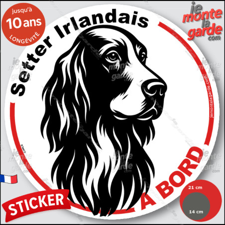 Setter Irlandais, sticker autocollant rond "Chien à Bord" disque adhésif vitre voiture photo, résiste pluie soleil gel, idée cad