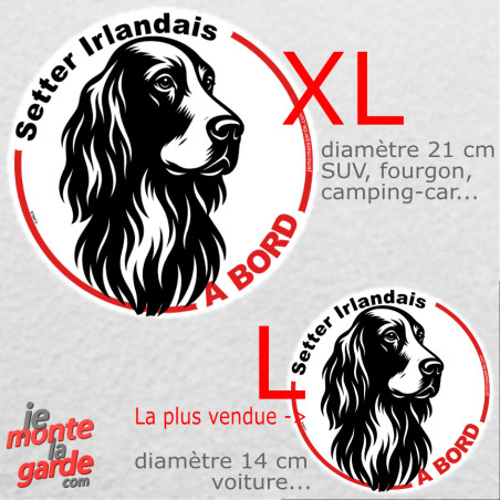 Disque autocollant voiture "Setter Irlandais à Bord" dessin en noir et blanc 2 tailles D