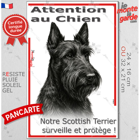 Plaque portail verticale "Attention au Chien, notre Scottish Terrier surveille et protège" dessin stylisé, résiste pluie soleil 